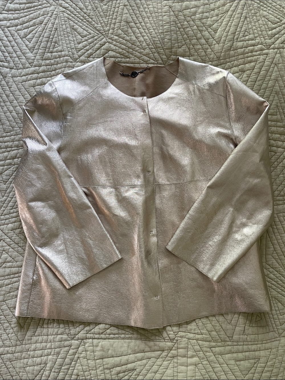 Marc Cain Leather, Iridescent-Champagne-Metallic Snap-Front, Lightweight Jacket